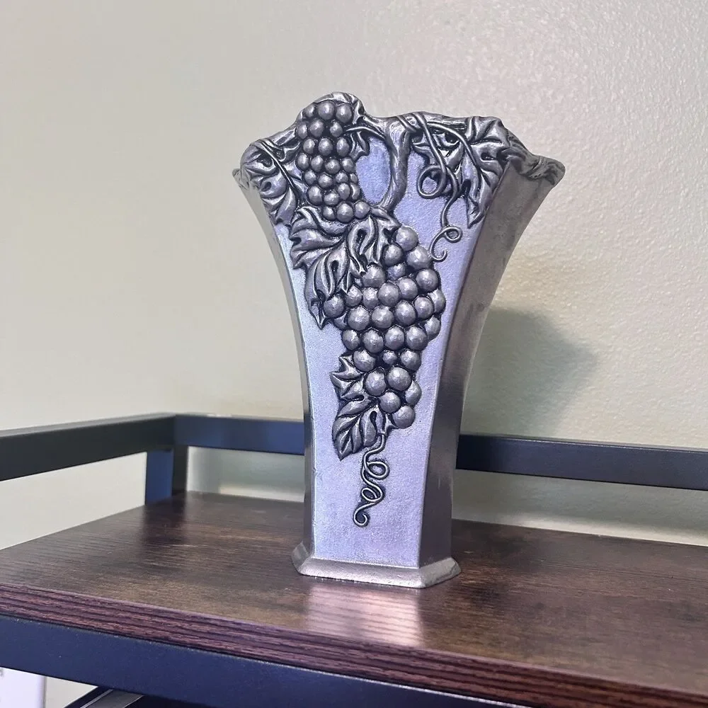 Silver Tone Metal Textured Heavy Fan Shaped Vase Vineyard Grape Pattern, 8”